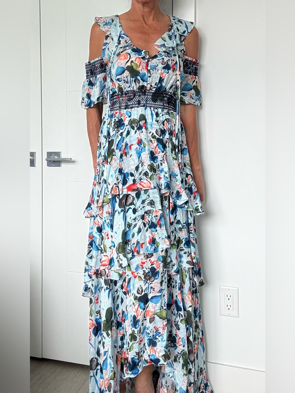 Tanya Taylor Blue Floral Ruffle Maxi Dress